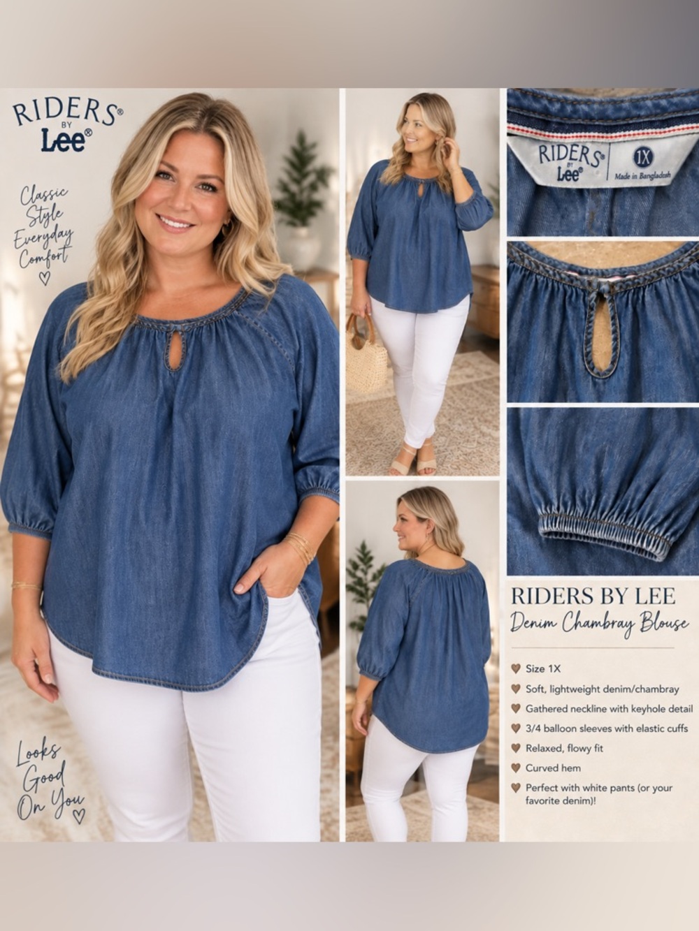 💙 Riders by Lee Denim Chambray Tunic Blouse – Size 1X 💙